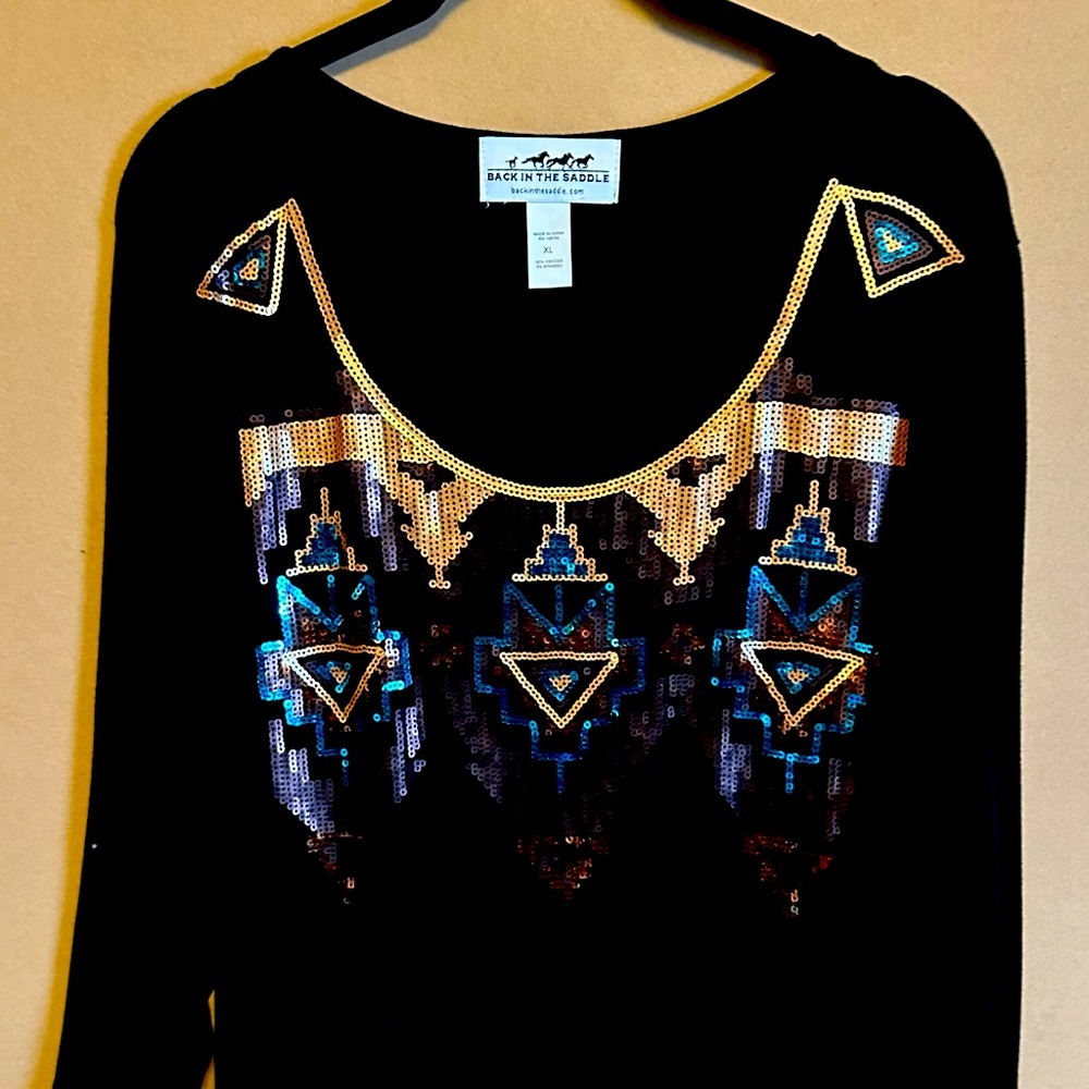 Back in the Saddle polyester top with sequin design on front